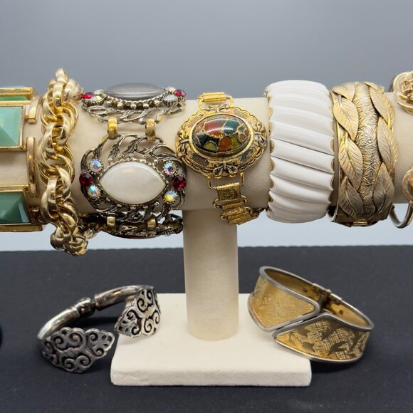 Vtg Chunky Bracelet Bangle Clamper Lot Gold Tone Silver Tone Beaded Chain Link - Picture 4 of 16